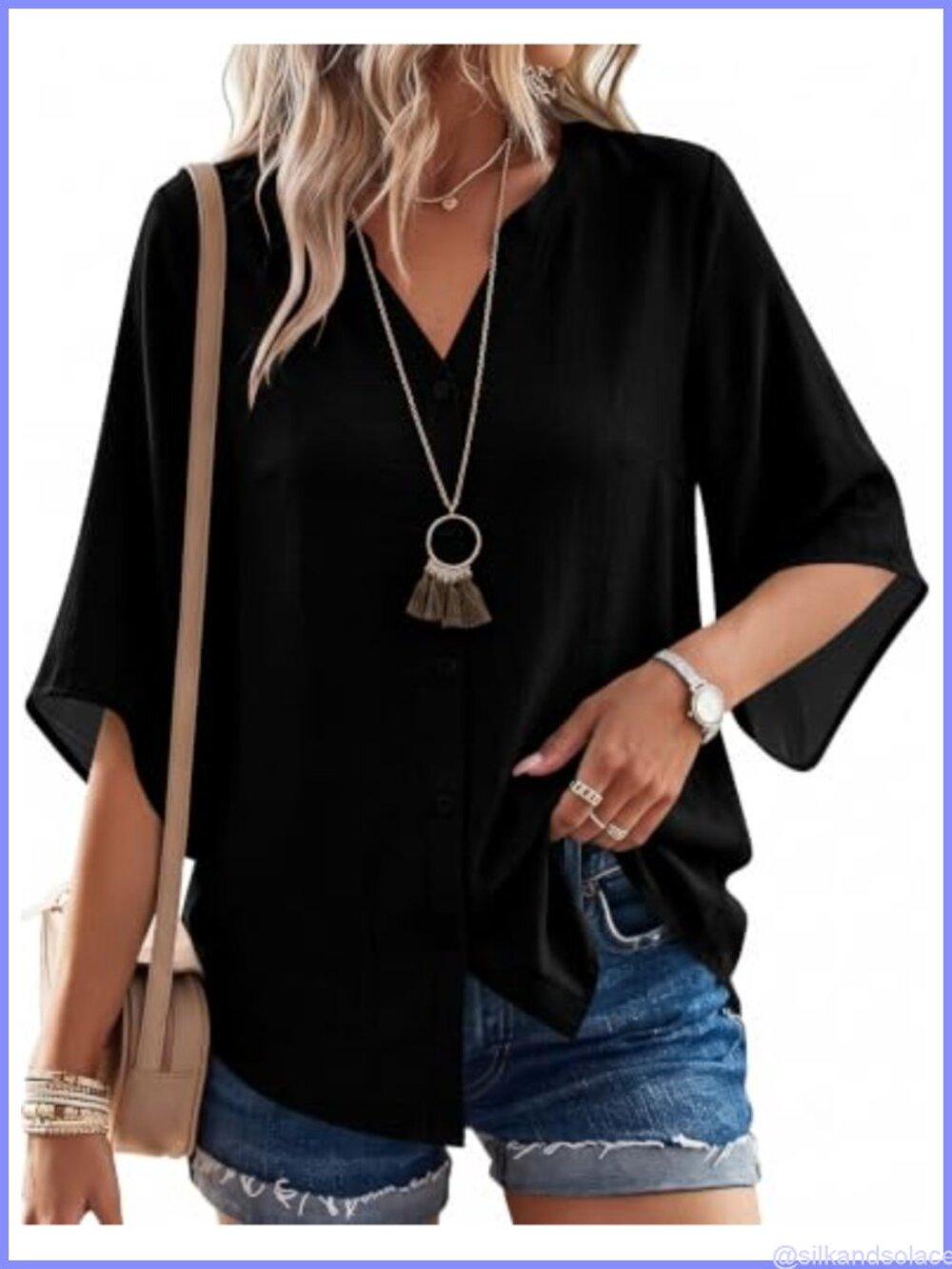 Womens Boho Button Down Shirt 3/4 Bell Sleeve Loose Fit Blouse